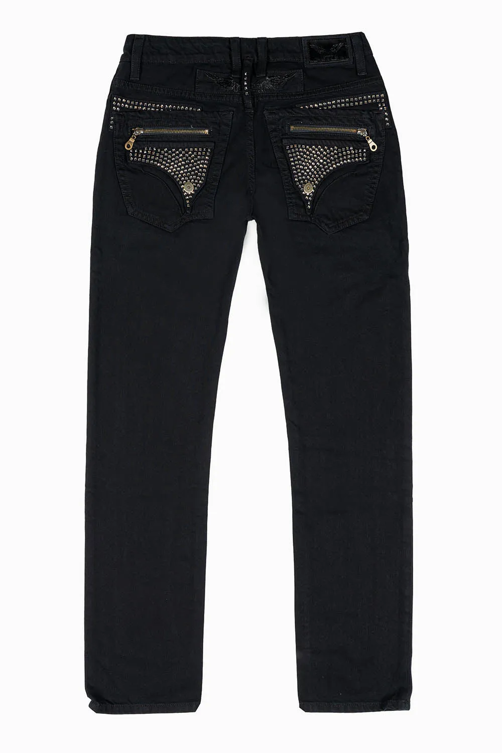 MINI FLAP MENS SLIM JEANS IN PURE BLK WASH WITH CRYSTALS sold by Robin's Jean