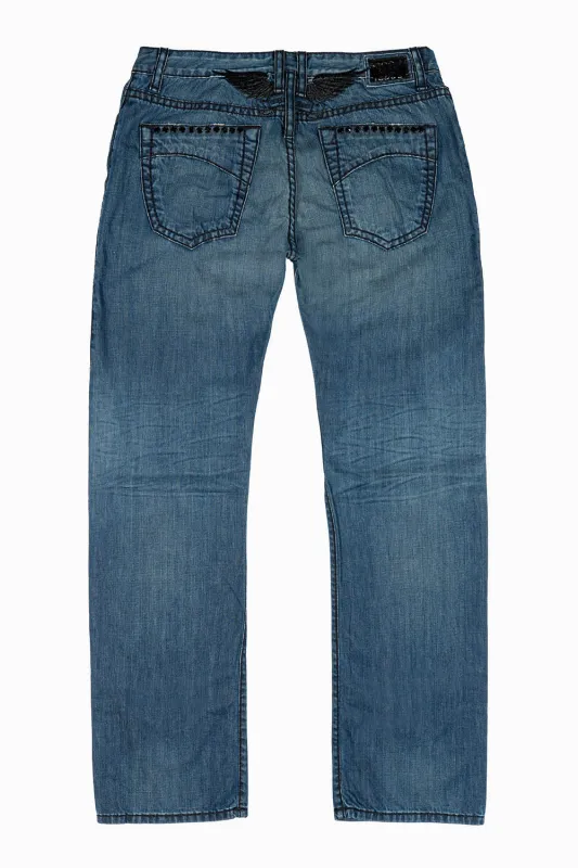 MENS CLASSIC 5 POCKET STRAIGHT LEG JEANS IN 3D MEDIUM WASH WITH XLARGE CRYSTALS sold by Robin's Jean