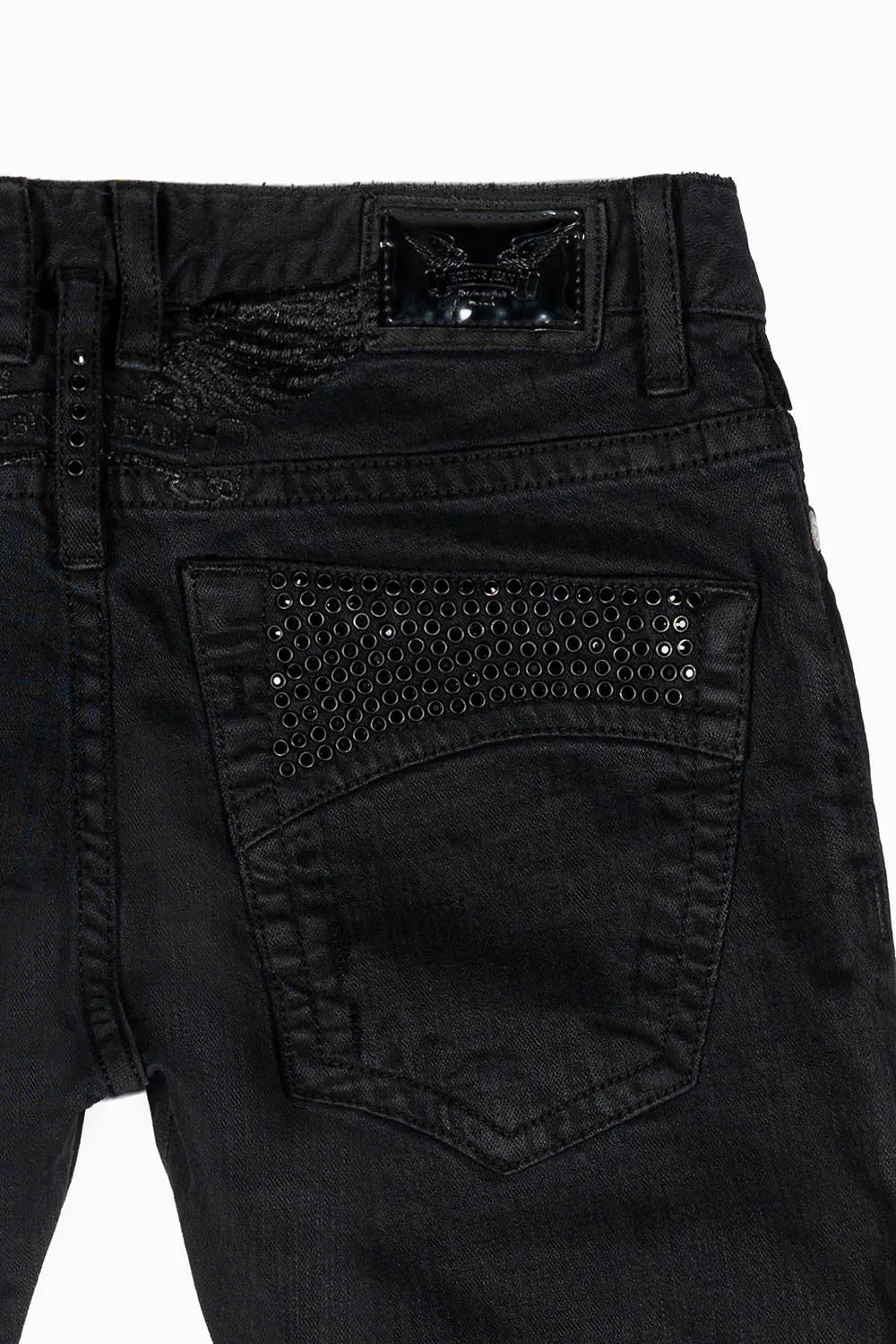 MENS SLIM FIT JEANS IN PURE BLACK EMBELLISHED WITH JET BLK CRYSTALS ON BACK POCKET AND FRONT LEGS sold by Robin's Jean product image thumbnail 5