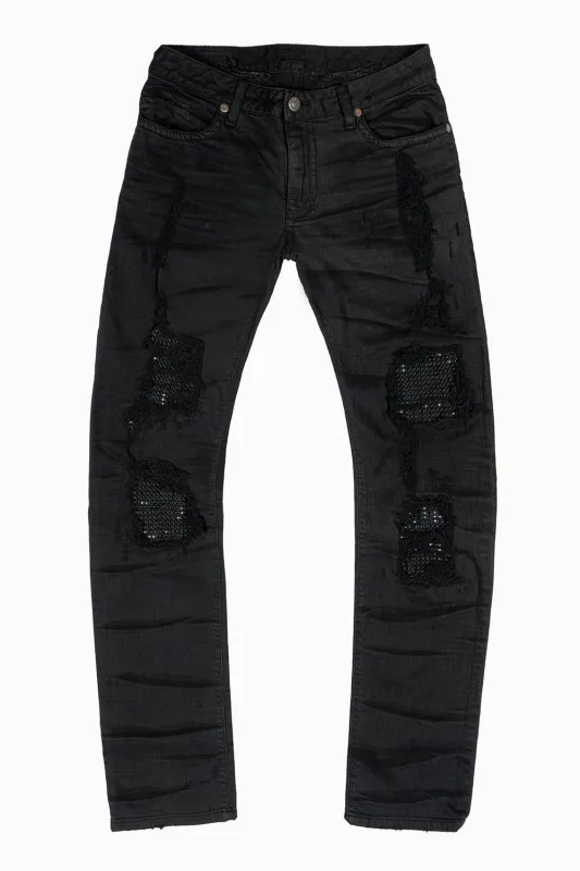 MENS SLIM FIT JEANS IN PURE BLACK EMBELLISHED WITH JET BLK CRYSTALS ON BACK POCKET AND FRONT LEGS sold by Robin's Jean