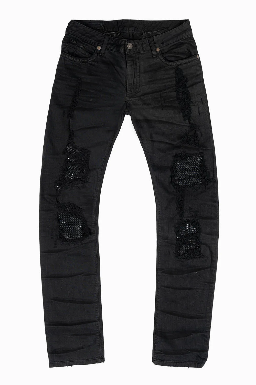 MENS SLIM FIT JEANS IN PURE BLACK EMBELLISHED WITH JET BLK CRYSTALS ON BACK POCKET AND FRONT LEGS sold by Robin's Jean