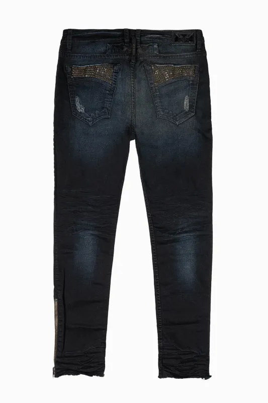 MENS SKINNY LEG ZIPPER JEANS IN F_UP BLK WITH EMBELLISHMENT sold by Robin's Jean