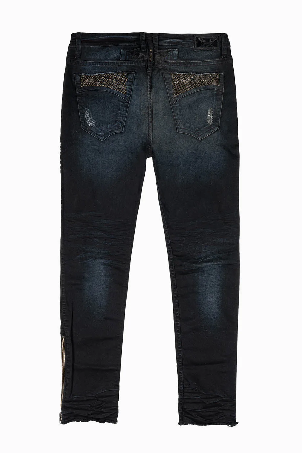 MENS SKINNY LEG ZIPPER JEANS IN F_UP BLK WITH EMBELLISHMENT sold by Robin's Jean