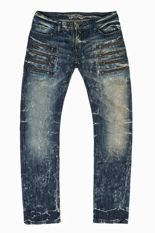 MENS MOTORCYCLE ZIPPERS SLIM JEANS IN BLUE 4D DARK WASH sold by Robin's Jean