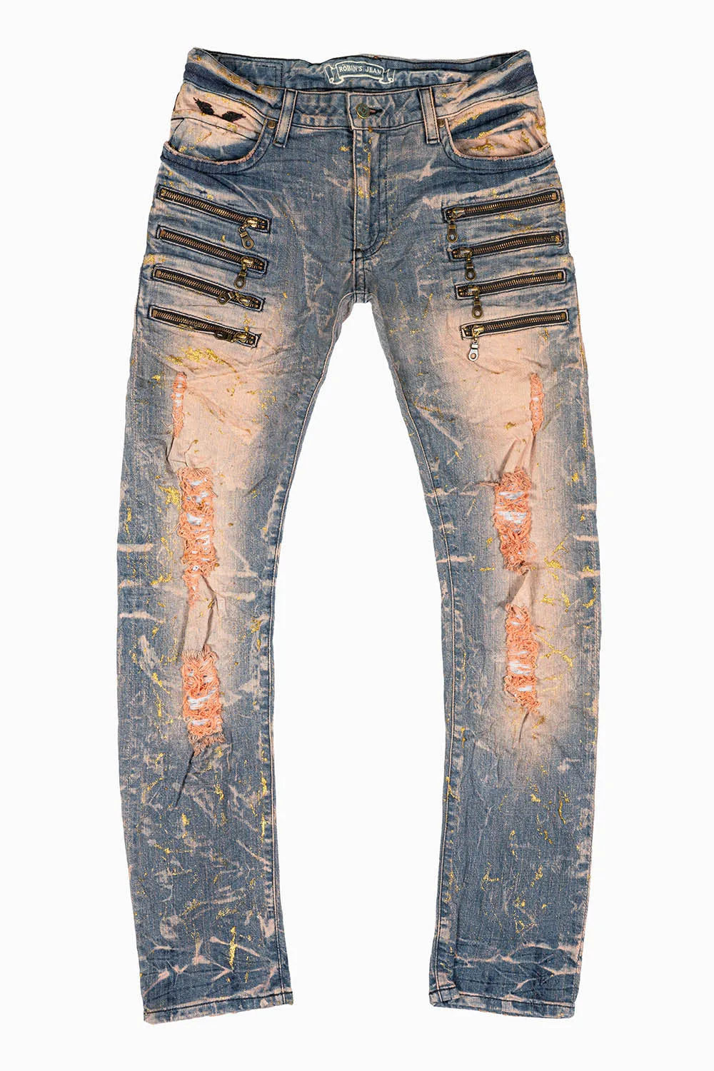 MENS MOTORCYCLE ZIPPERS SLIM JEANS IN MINERAL CHARCOAL WASH WITH GOLD LEAF TREATMENT sold by Robin's Jean