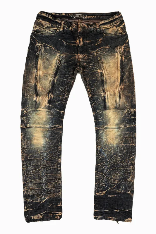 MENS MOTORCYCLE INSPIRED ZIPPERS SLIM JEANS IN 4D DARK PERU WASH sold by Robin's Jean