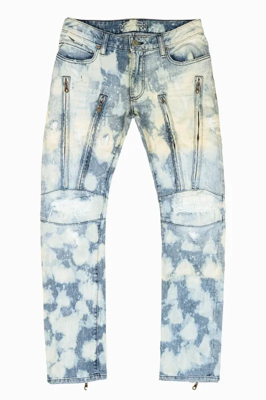 MENS MOTORCYCLE INSPIRED ZIPPERS SLIM JEANS IN MARCEL INDIGO BROKEN WASH  DESCRIPTION sold by Robin's Jean