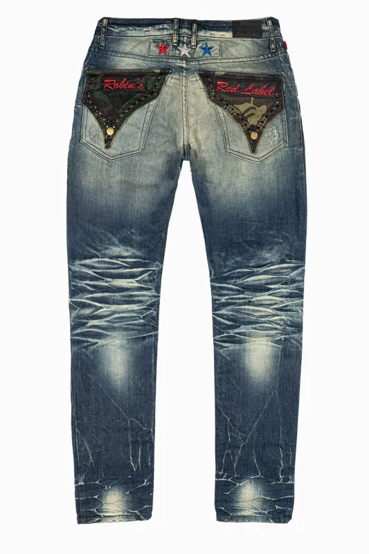 ROBINS RED LABEL LONG  FLAP/MILITARY  SLIM JEANS IN 5D DARK BROKEN WASH sold by Robin's Jean
