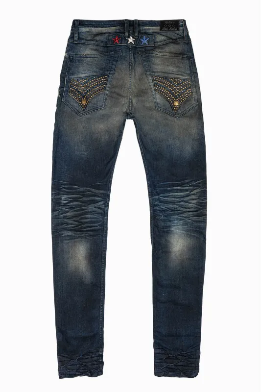 ROBINS RED LABEL LONG FLAP SLIM JEANS IN TAR WASH WASH WITH CRYSTAL AND NAILHEAD sold by Robin's Jean
