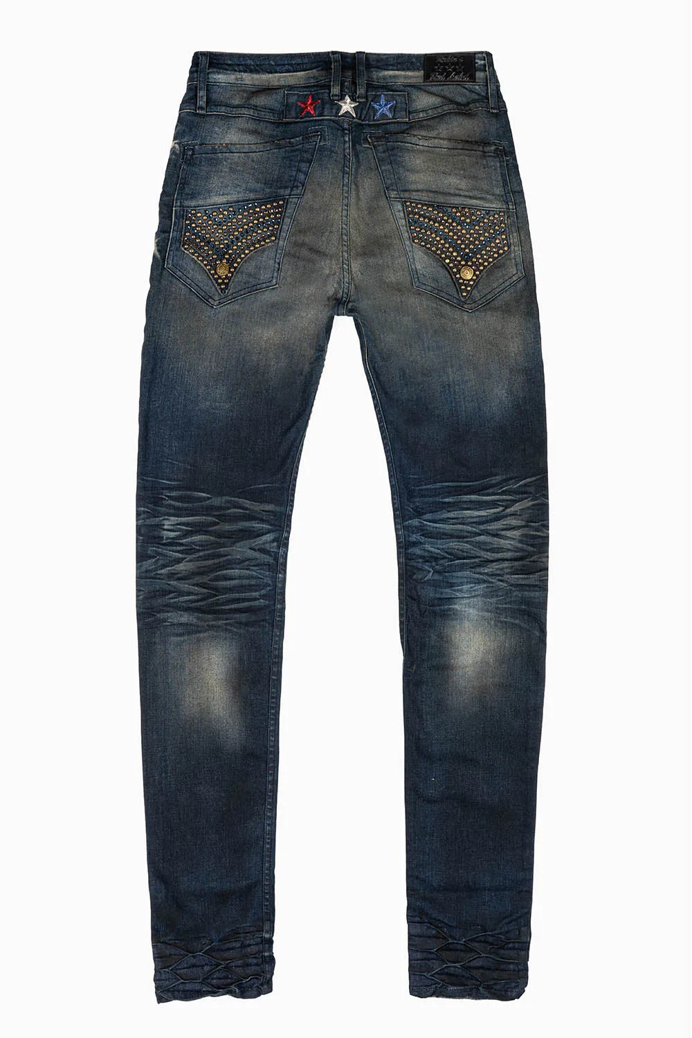 ROBINS RED LABEL LONG FLAP SLIM JEANS IN TAR WASH WASH WITH CRYSTAL AND NAILHEAD sold by Robin's Jean