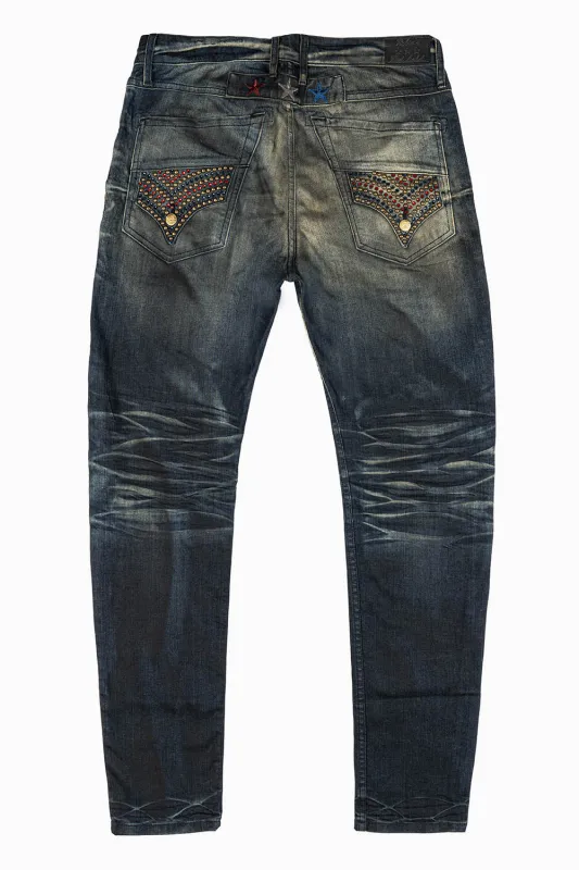 ROBINS RED LABEL LONG FLAP SLIM JEANS IN TAR WASH WASH WITH RED & BLUE CRYSTALS AND NAILHEAD sold by Robin's Jean