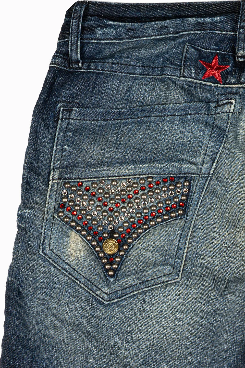 ROBINS RED LABEL LONG FLAP SLIM JEANS IN 5D DARK BROKEN WASH WITH RED & BLUE CRYSTALS AND NAILHEAD sold by Robin's Jean product image thumbnail 2