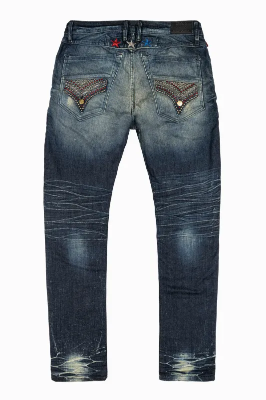 ROBINS RED LABEL LONG FLAP SLIM JEANS IN 5D DARK BROKEN WASH WITH RED & BLUE CRYSTALS AND NAILHEAD sold by Robin's Jean