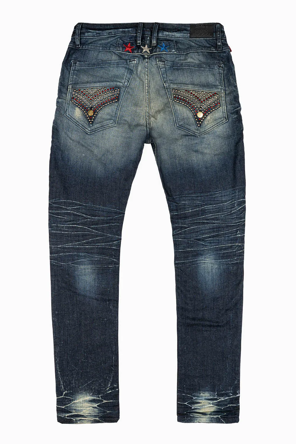 ROBINS RED LABEL LONG FLAP SLIM JEANS IN 5D DARK BROKEN WASH WITH RED & BLUE CRYSTALS AND NAILHEAD sold by Robin's Jean