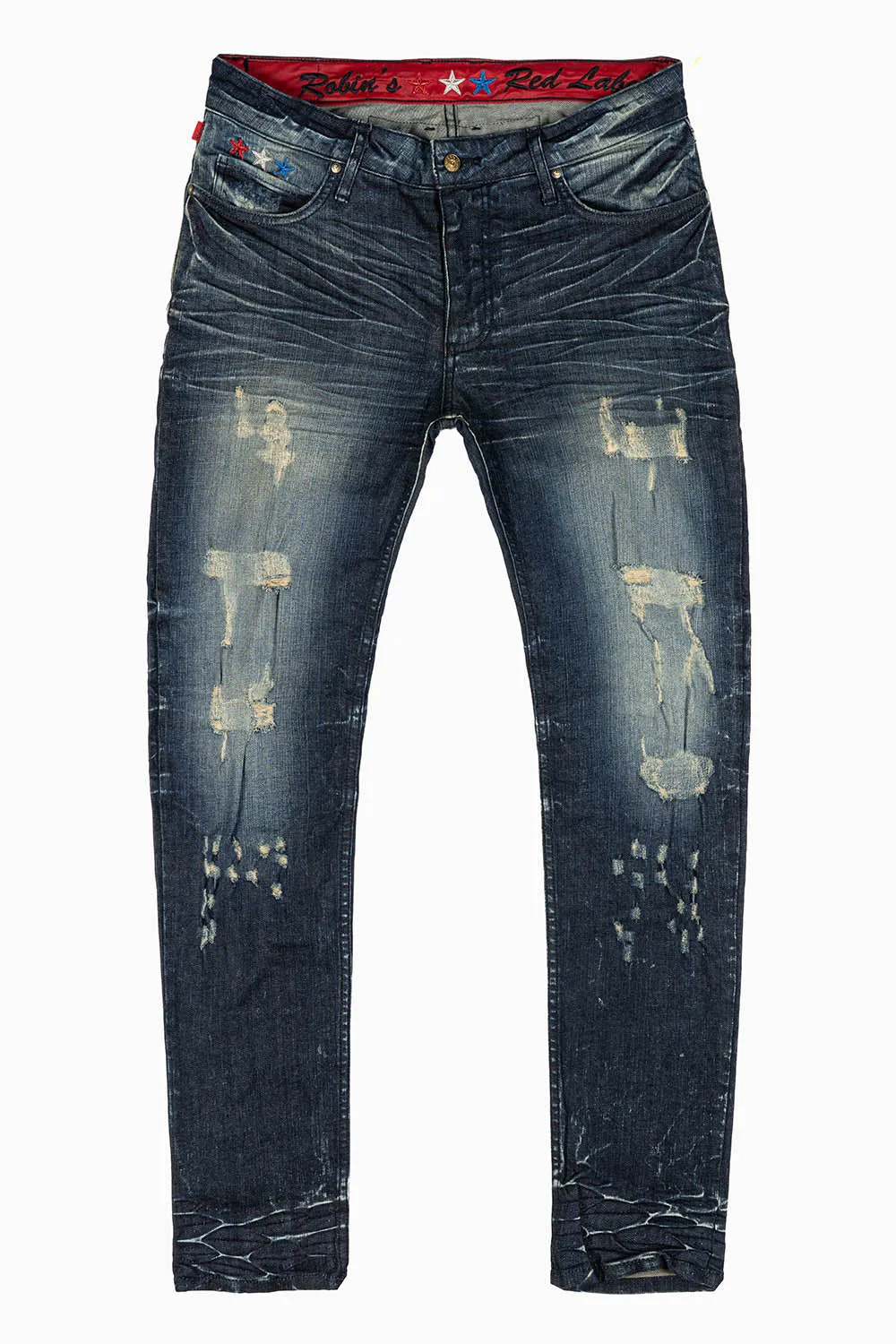 ROBINS RED LABEL LONG FLAP SLIM JEANS IN 5D DARK BROKEN WASH WITH RED & BLUE CRYSTALS AND NAILHEAD sold by Robin's Jean product image thumbnail 3