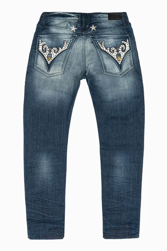 ROBINS RED LABEL SLIM JEANS  LONG  FLAP/ VINYL  EMBELLISHED WITH CRYSTALS  IN ALBANY DARK BROKEN sold by Robin's Jean