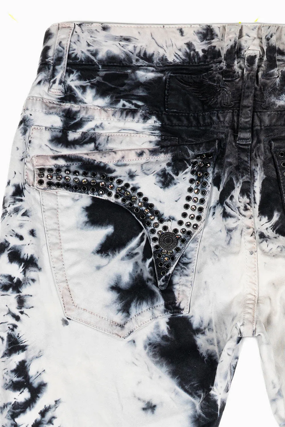 LONG FLAP SLIM FIT MENS JEANS WITH CRYSTALS IN TIE DYE BLK WASH sold by Robin's Jean product image thumbnail 2