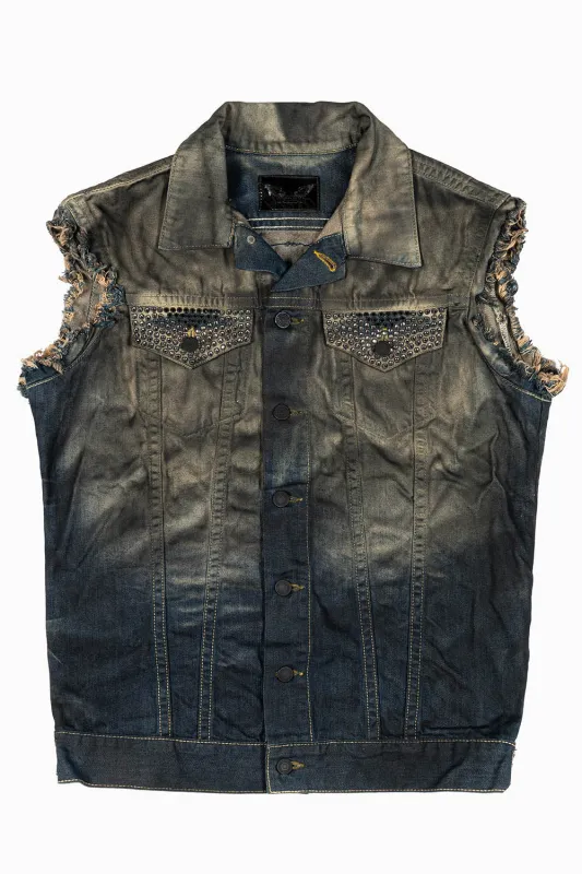 RAW EDGE VEST IN TAR WASH WITH BLK DIAMOND AND JET BLK CRYSTALS sold by Robin's Jean