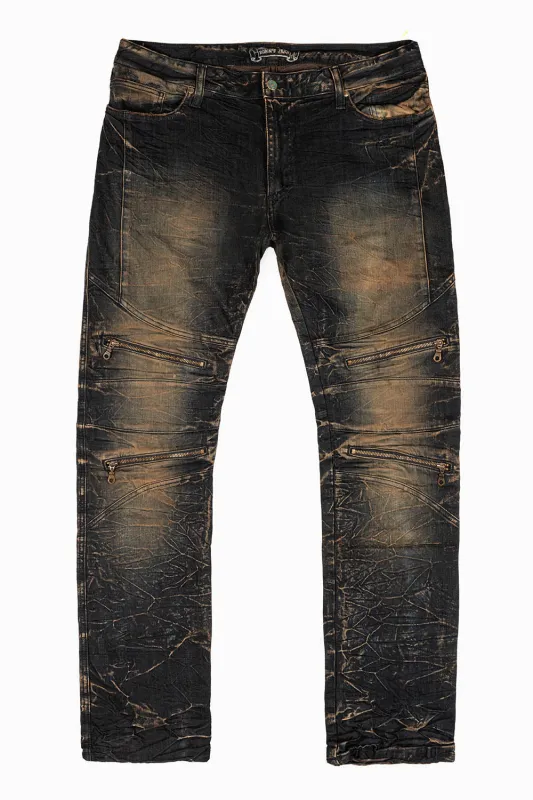 MENS MOTORCYCLE ZIPPERS SLIM JEANS IN BLUE 4D DARK OXIDO WASH sold by Robin's Jean