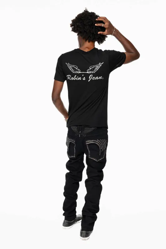 KILLER FLAP SKINNY JEANS IN PURE BLACK WASH WITH CRYSTALS sold by Robin's Jean