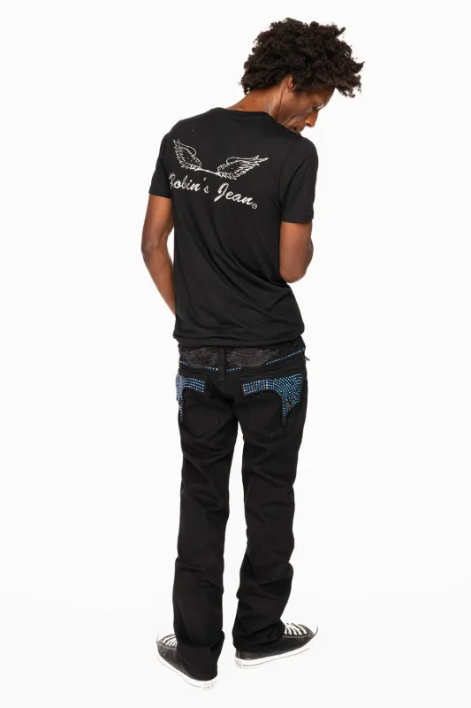 KILLER FLAP STRAIGHT JEANS IN PURE BLACK WASH WITH BLUE CRYSTALS sold by Robin's Jean