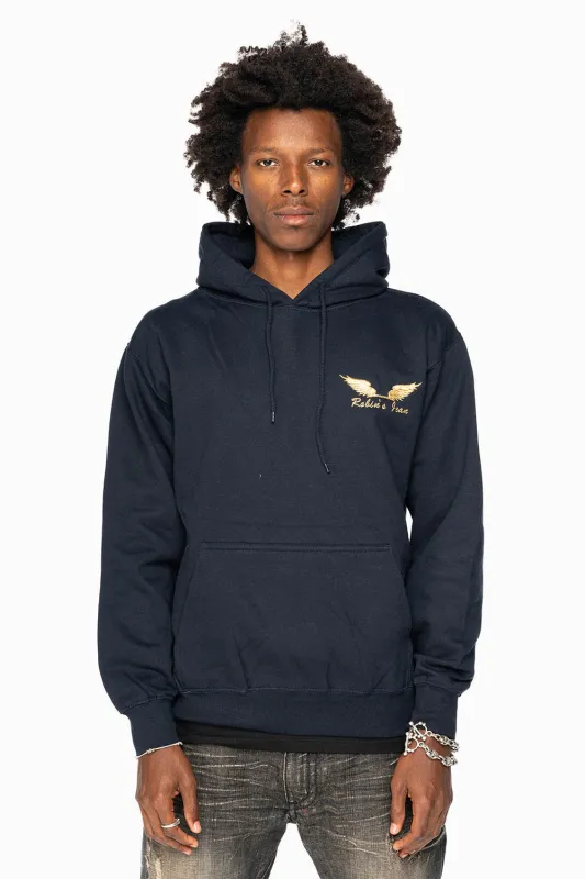 ROBIN’S JEAN PULLOVER HOODIE IN NAVY WITH GOLD WINGS EMBROIDERY sold by Robin's Jean
