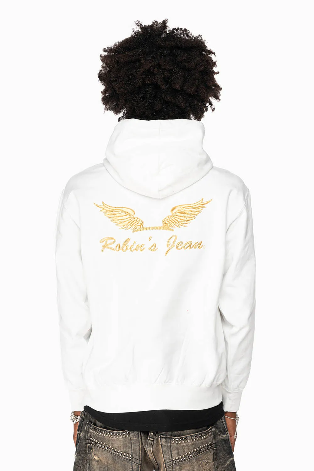 ROBIN’S JEAN PULLOVER HOODIE IN WHITE WITH GOLD WINGS EMBROIDERY sold by Robin's Jean product image thumbnail 2