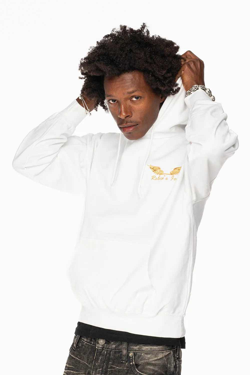 ROBIN’S JEAN PULLOVER HOODIE IN WHITE WITH GOLD WINGS EMBROIDERY sold by Robin's Jean product image thumbnail 4