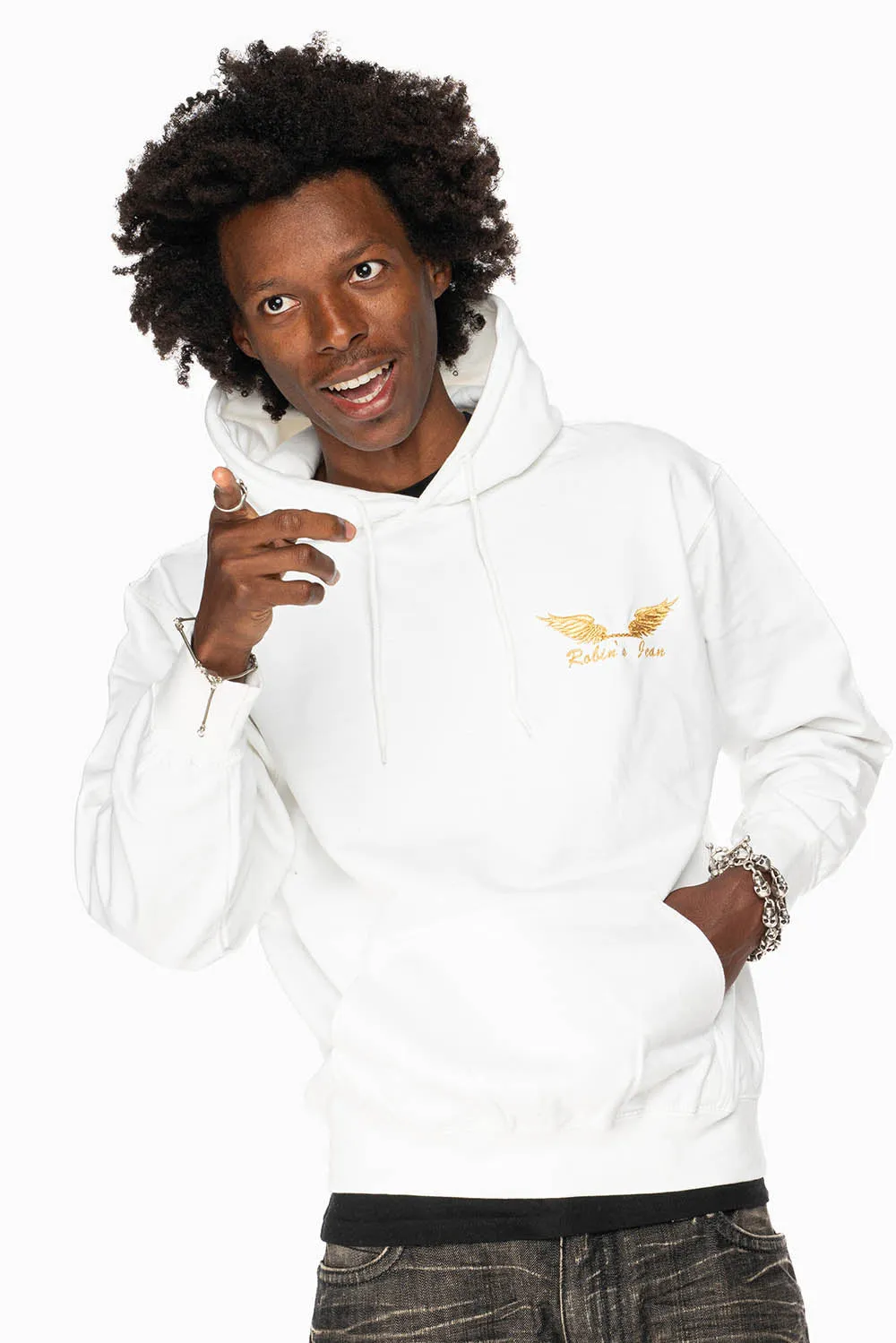 ROBIN’S JEAN PULLOVER HOODIE IN WHITE WITH GOLD WINGS EMBROIDERY sold by Robin's Jean product image thumbnail 5