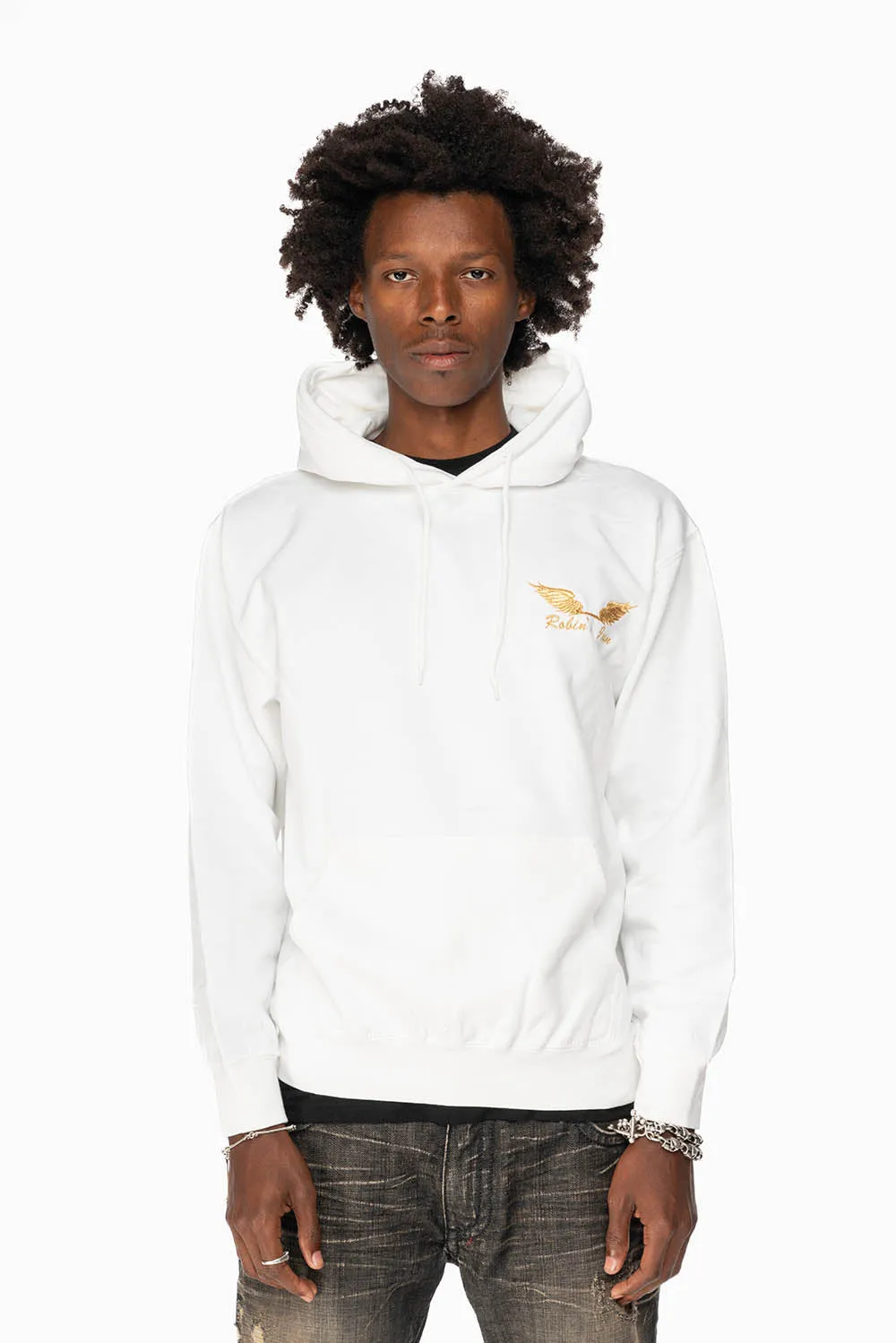 ROBIN’S JEAN PULLOVER HOODIE IN WHITE WITH GOLD WINGS EMBROIDERY sold by Robin's Jean