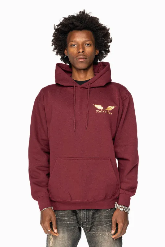 ROBIN’S JEAN PULLOVER HOODIE IN BURGUNDY WITH GOLD WINGS EMBROIDERY sold by Robin's Jean