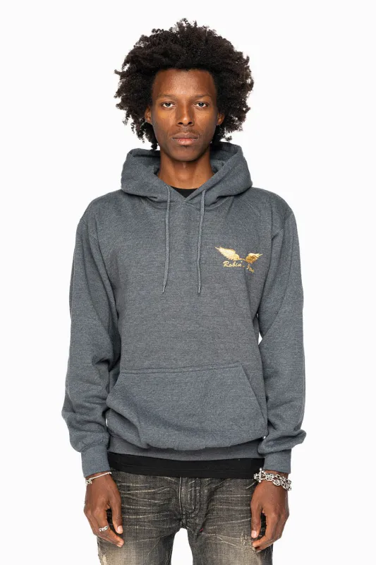 ROBIN’S JEAN PULLOVER HOODIE IN DARK HEATHER WITH GOLD WINGS EMBROIDERY sold by Robin's Jean