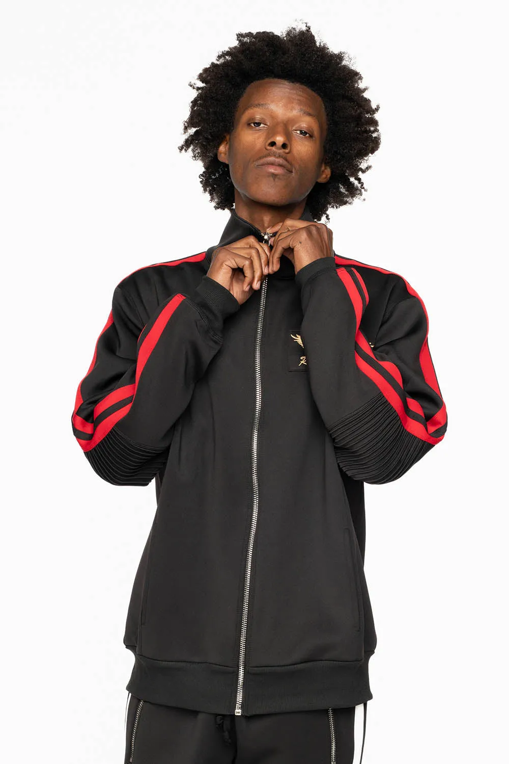 TRACK JACKET IN BLACK WITH RED STRIPE AND GOLD ROBIN’S LOGO EMBROIDERY sold by Robin's Jean product image thumbnail 4