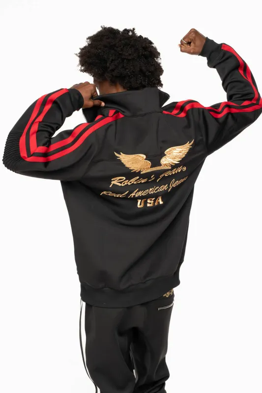 TRACK JACKET IN BLACK WITH RED STRIPE AND GOLD ROBIN’S LOGO EMBROIDERY sold by Robin's Jean