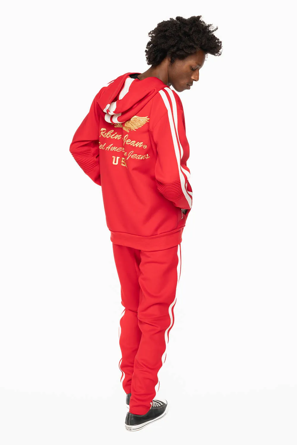 HOODED TRACK JACKET IN RED WITH WHITE STRIPE sold by Robin's Jean product image thumbnail 4