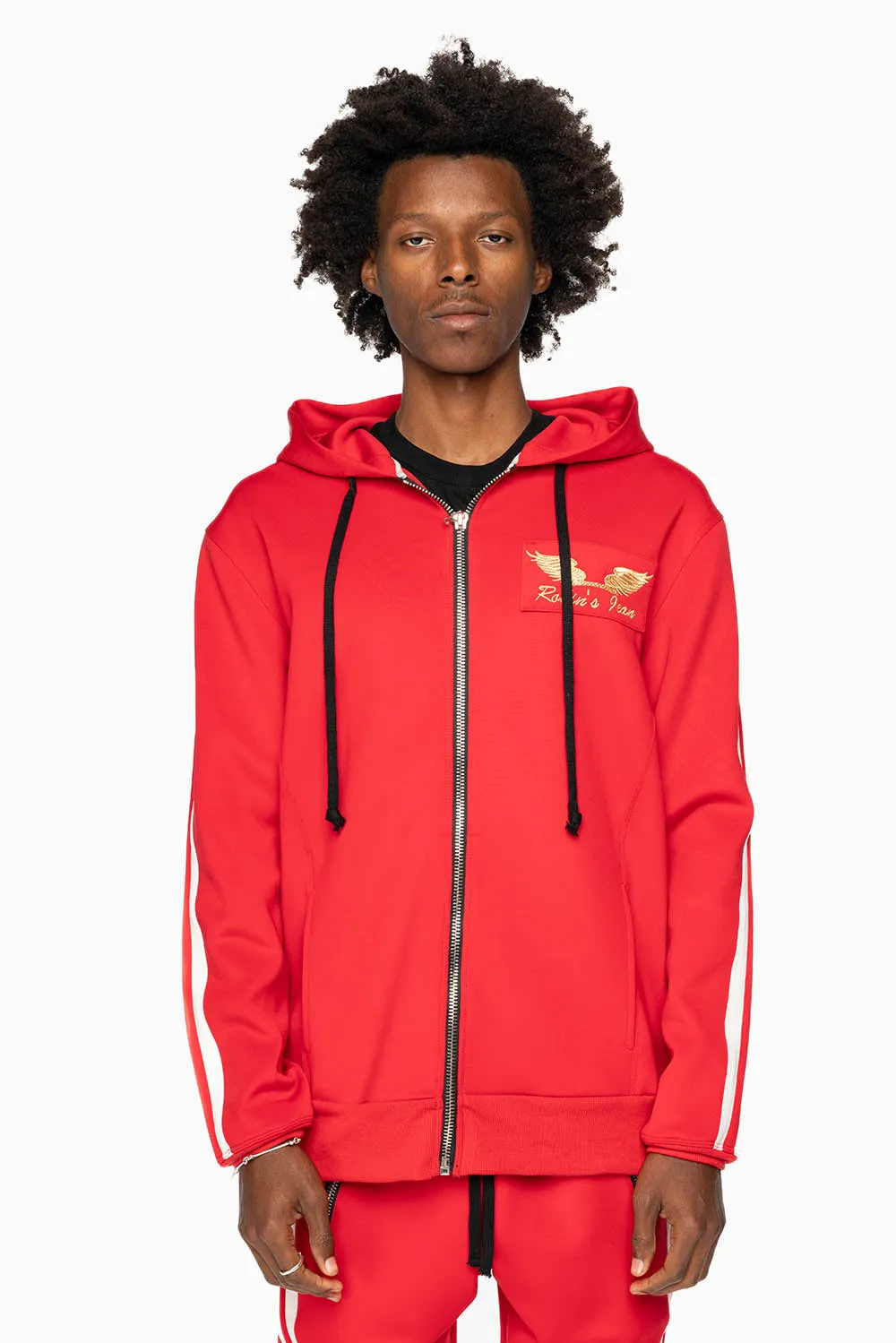 HOODED TRACK JACKET IN RED WITH WHITE STRIPE sold by Robin's Jean product image thumbnail 3