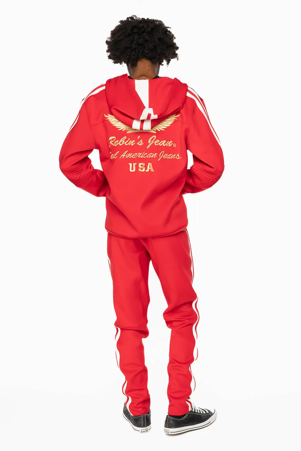 HOODED TRACK JACKET IN RED WITH WHITE STRIPE sold by Robin's Jean product image thumbnail 5