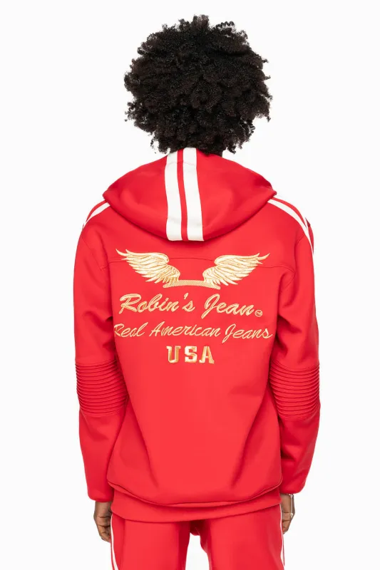 HOODED TRACK JACKET IN RED WITH WHITE STRIPE sold by Robin's Jean