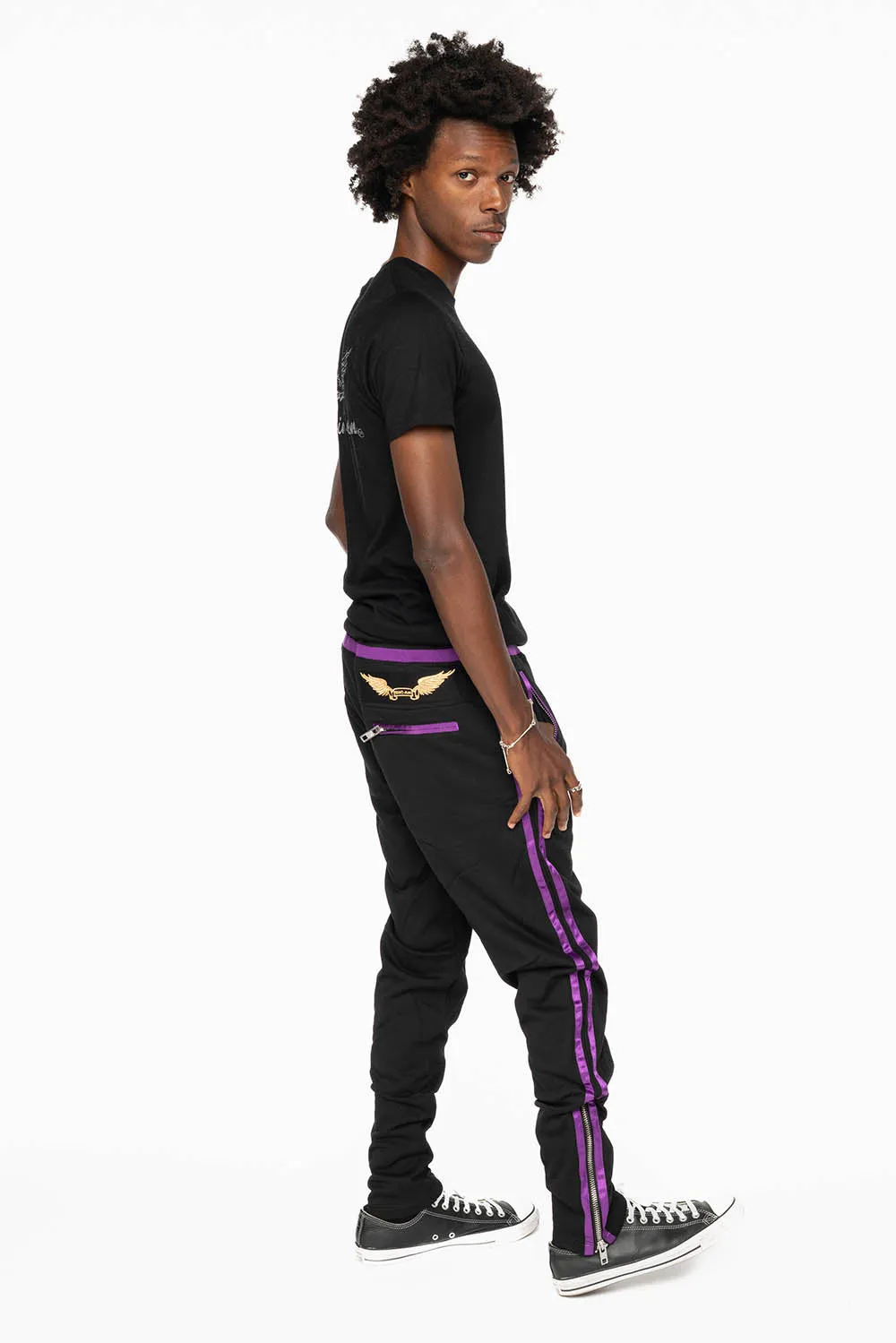 ROBIN’S CLASSIC JOGGER IN BLACK WITH PURPLE STRIPES sold by Robin's Jean