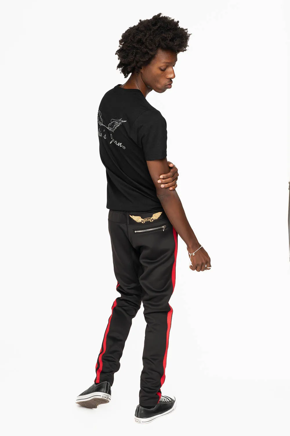 BIKER STYLE JOGGER IN BLACK WITH RED STRIPES sold by Robin's Jean product image thumbnail 2