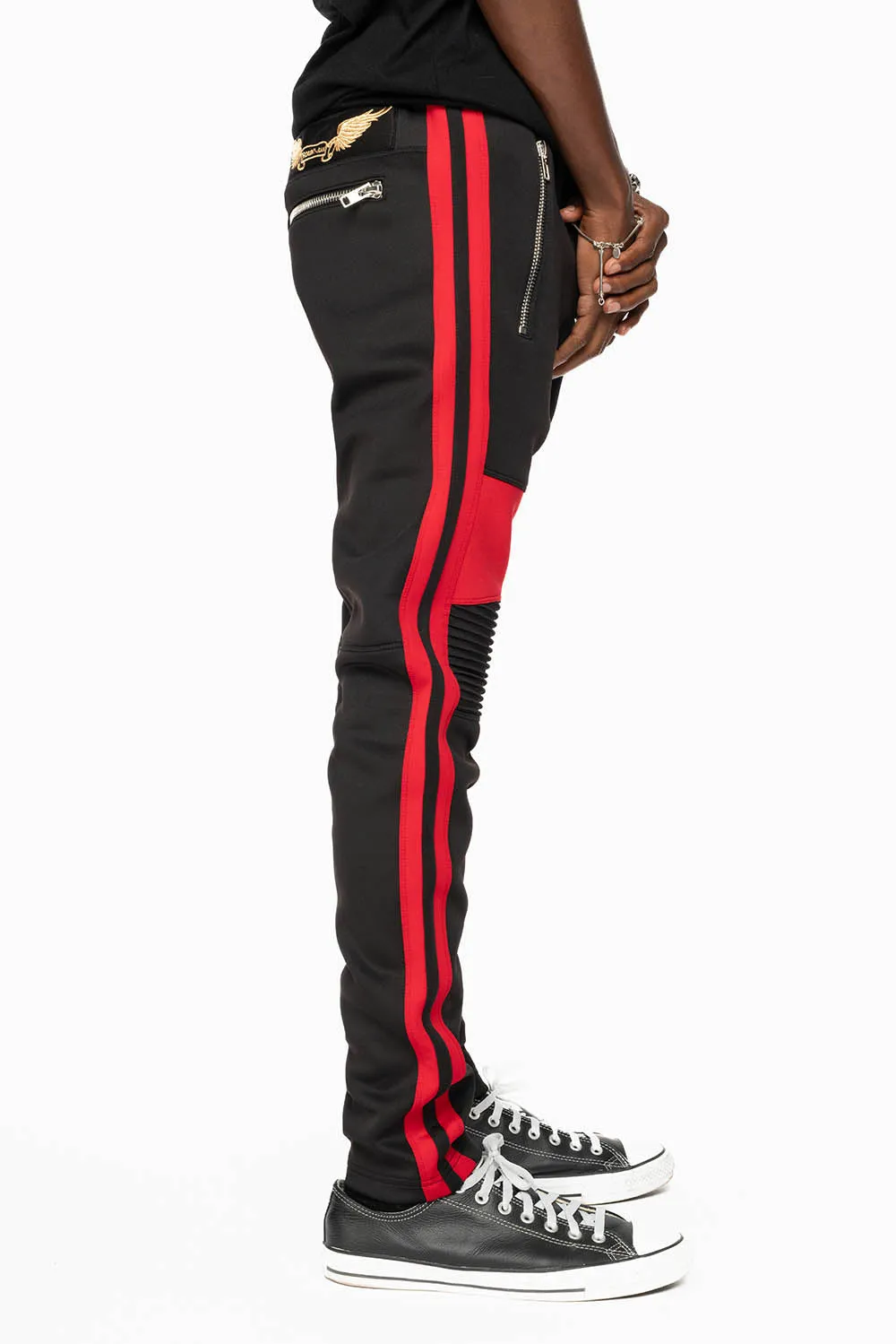 BIKER STYLE JOGGER IN BLACK WITH RED STRIPES sold by Robin's Jean product image thumbnail 5