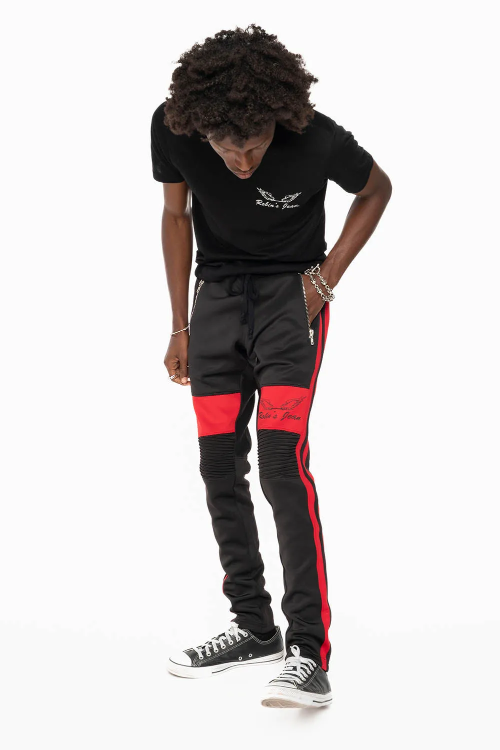 BIKER STYLE JOGGER IN BLACK WITH RED STRIPES sold by Robin's Jean product image thumbnail 3