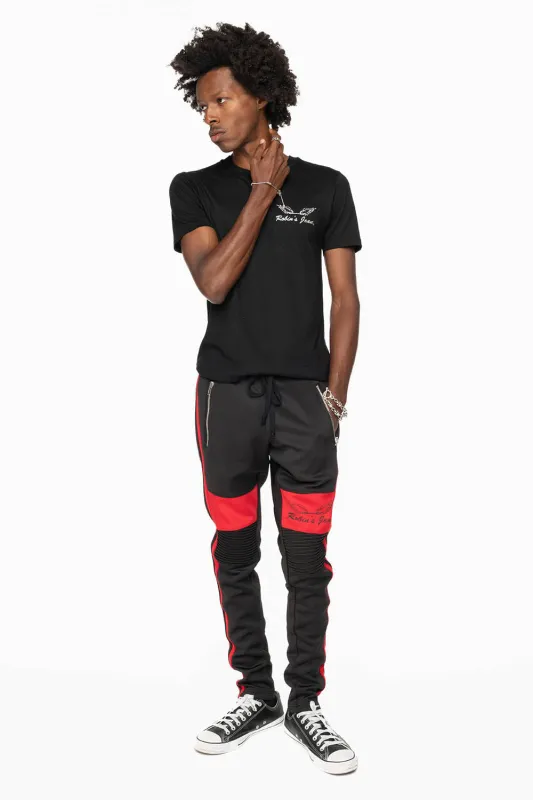 BIKER STYLE JOGGER IN BLACK WITH RED STRIPES sold by Robin's Jean