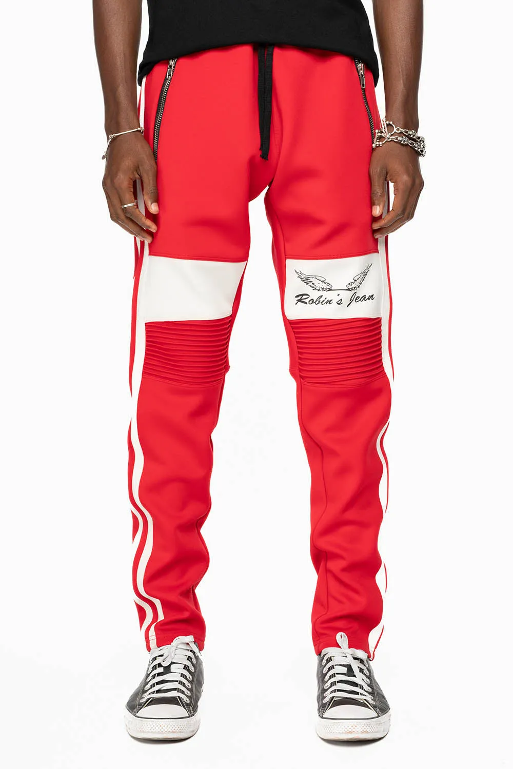 BIKER STYLE JOGGER IN RED WITH WHITE STRIPES sold by Robin's Jean