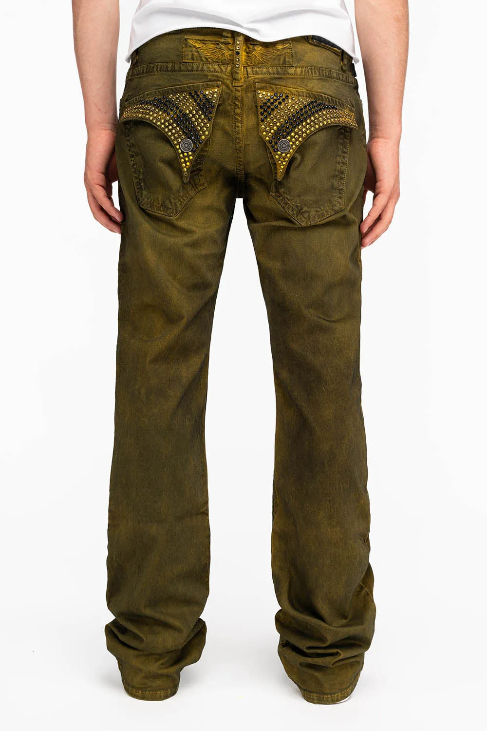 LONG FLAP MENS STRAIGHT JEANS WITH CRYSTALS IN DUSTY YELLOW sold by Robin's Jean