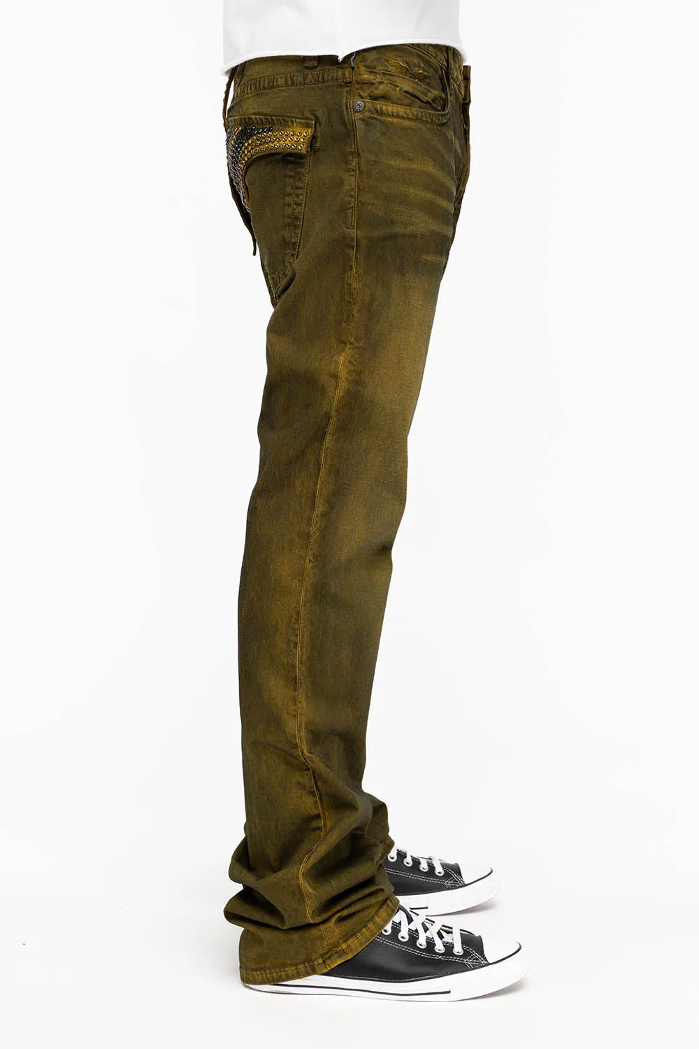 LONG FLAP MENS STRAIGHT JEANS WITH CRYSTALS IN DUSTY YELLOW sold by Robin's Jean product image thumbnail 2