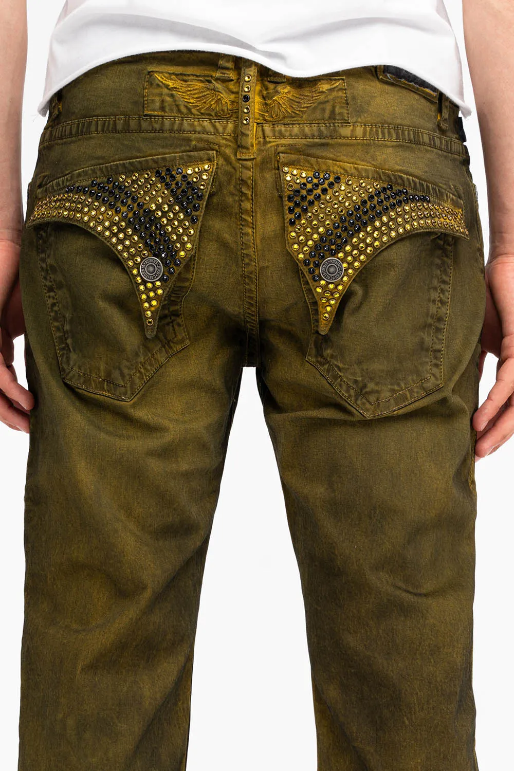 LONG FLAP MENS STRAIGHT JEANS WITH CRYSTALS IN DUSTY YELLOW sold by Robin's Jean product image thumbnail 3