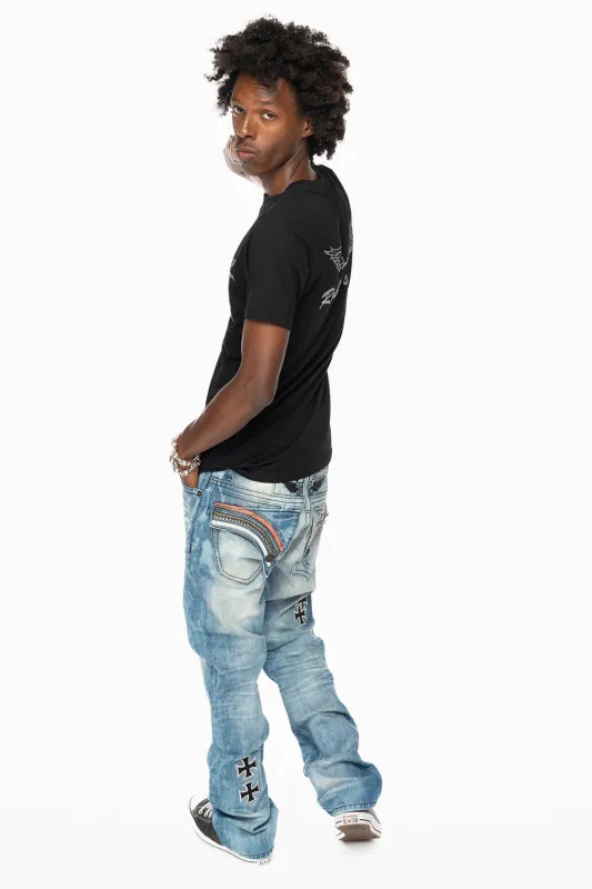 ROBIN'S LONG FLAP STRAIGHT JEANS IN AQUARAMA WASH  EMBELLISHED WITH CRYSTALS AND CROSS PATCHES sold by Robin's Jean