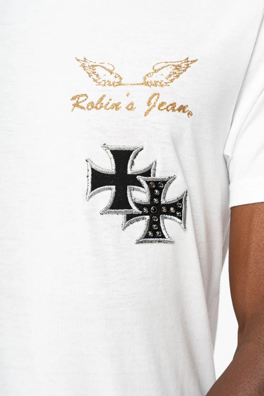 ROBIN’S LOGO WINGS TEE IN WHITE EMBELLISHED WITH CROSS PATCHES AND CRYSTALS sold by Robin's Jean product image thumbnail 2