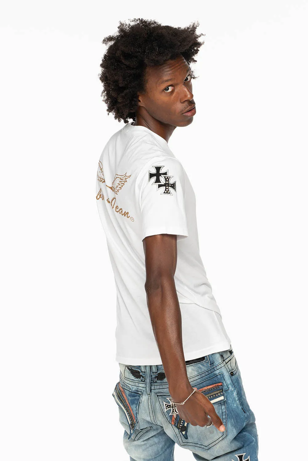 ROBIN’S LOGO WINGS TEE IN WHITE EMBELLISHED WITH CROSS PATCHES AND CRYSTALS sold by Robin's Jean